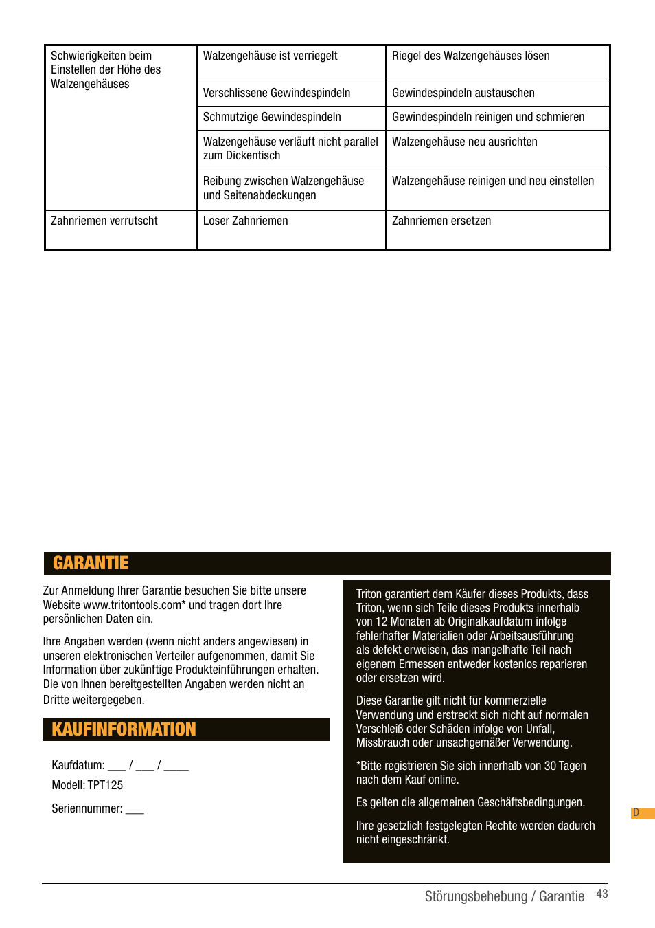 Kaufinformation, Garantie | Triton TPT 125 User Manual | Page 43 / 64