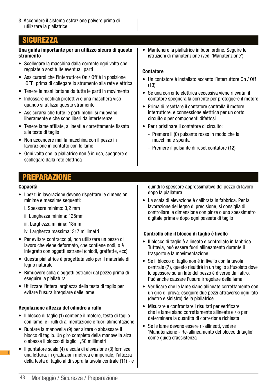 Sicurezza, Preparazione | Triton TPT 125 User Manual | Page 48 / 64