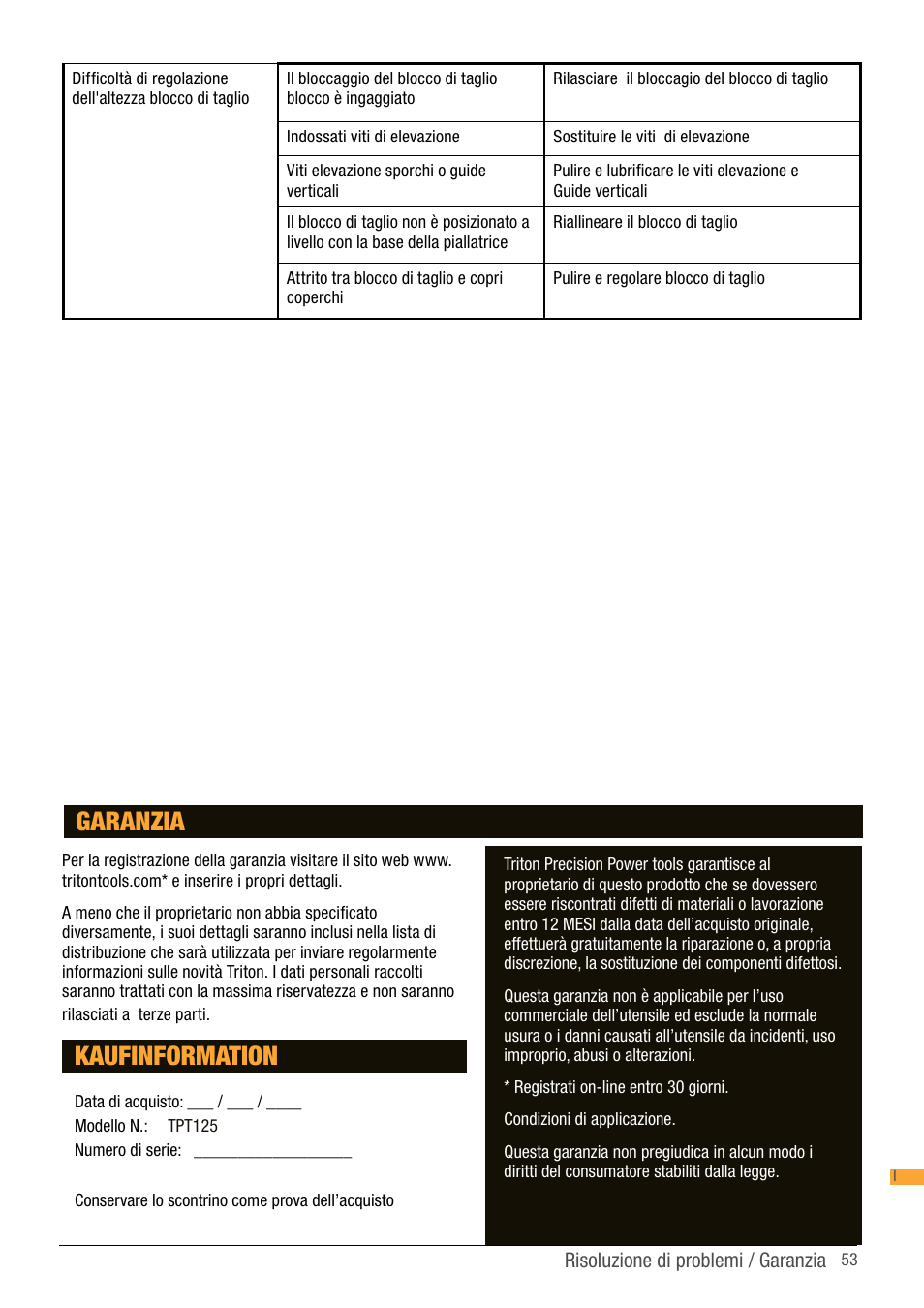 Kaufinformation, Garanzia | Triton TPT 125 User Manual | Page 53 / 64