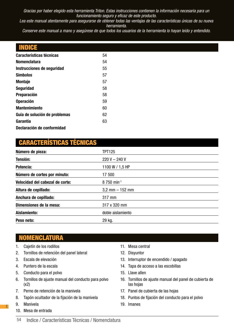Indice características técnicas, Nomenclatura | Triton TPT 125 User Manual | Page 54 / 64