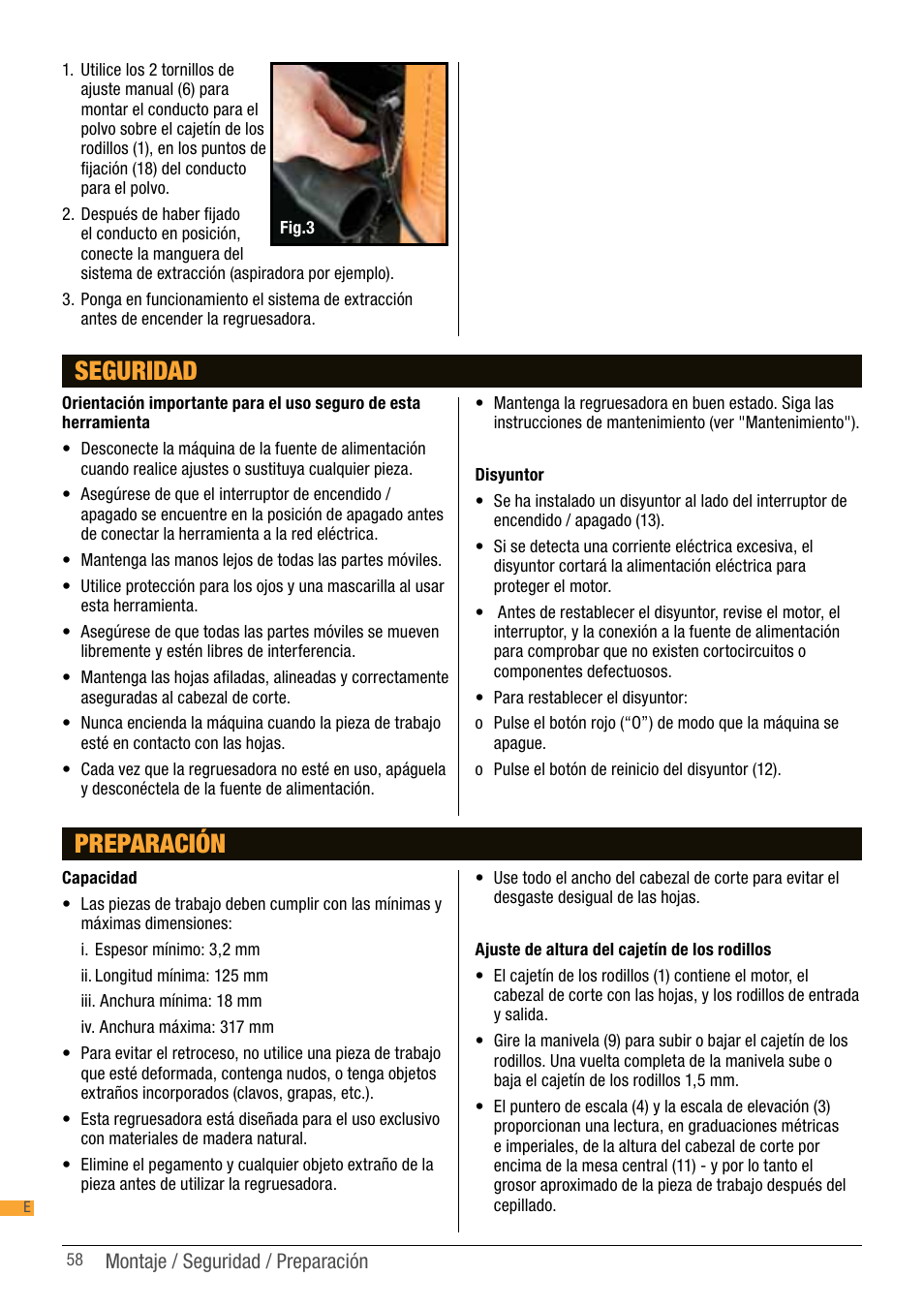 Seguridad, Preparación | Triton TPT 125 User Manual | Page 58 / 64