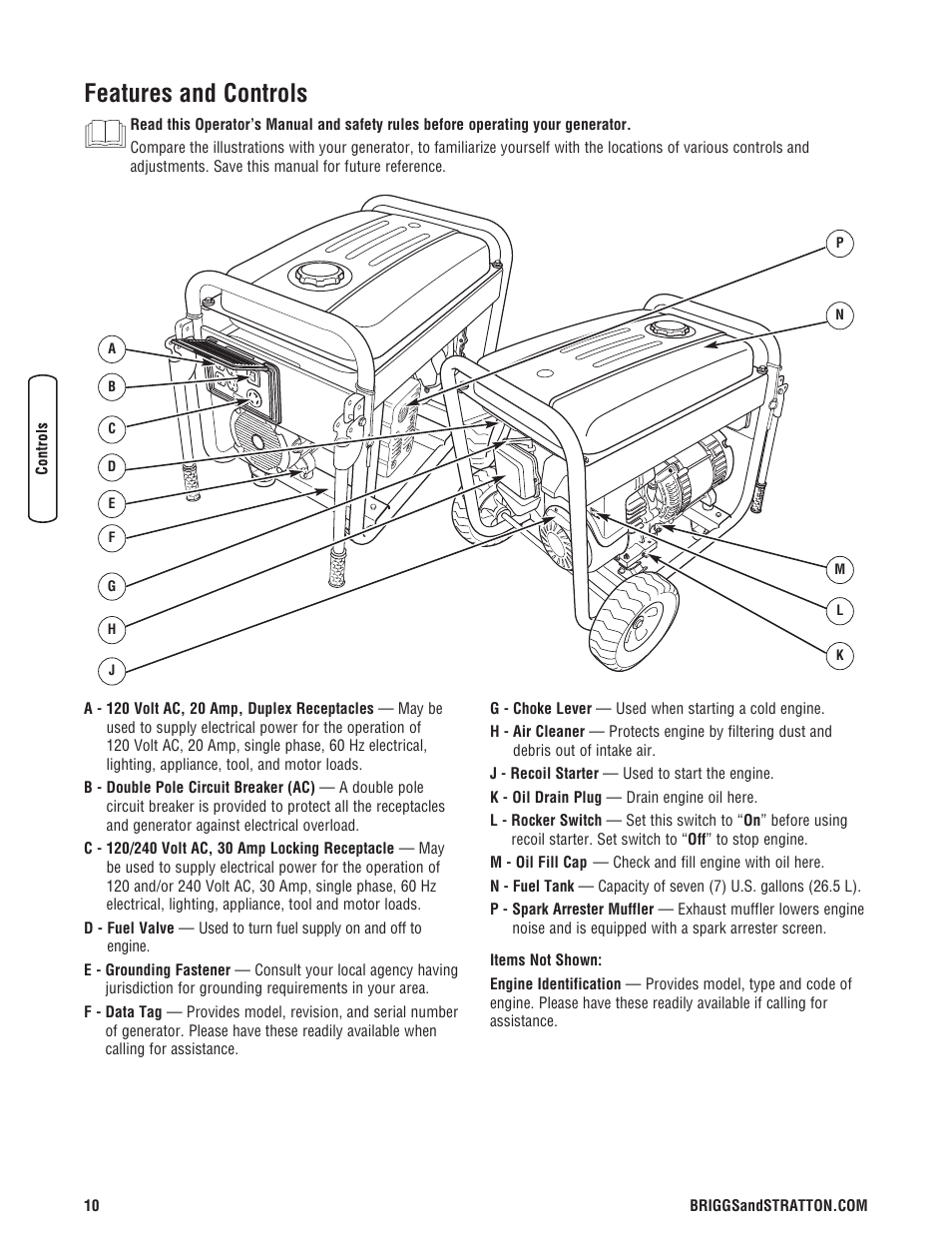 Fonctions et commandes, Features and controls | Briggs & Stratton 5500 Watt User Manual | Page 10 / 76