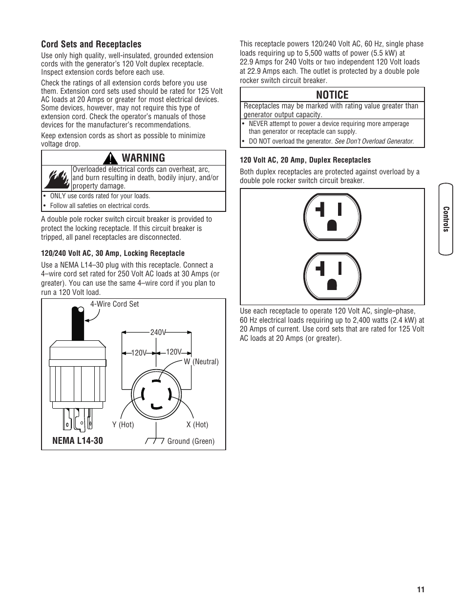 Cordons et prises, Cord sets and receptacles, Warning | Notice | Briggs & Stratton 5500 Watt User Manual | Page 11 / 76
