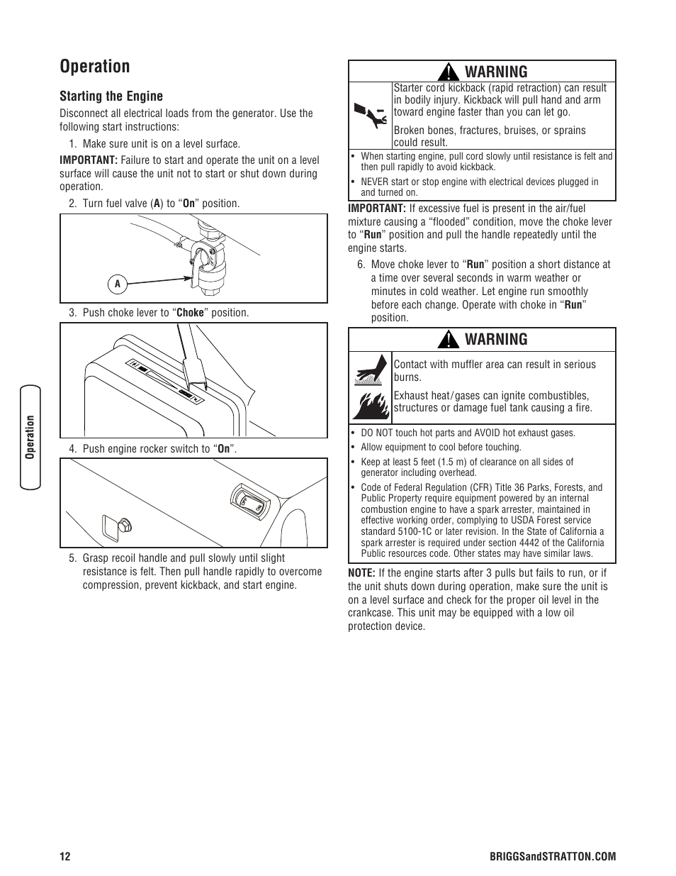 Opération, Démarrage du moteur, Operation | Starting the engine, Warning | Briggs & Stratton 5500 Watt User Manual | Page 12 / 76