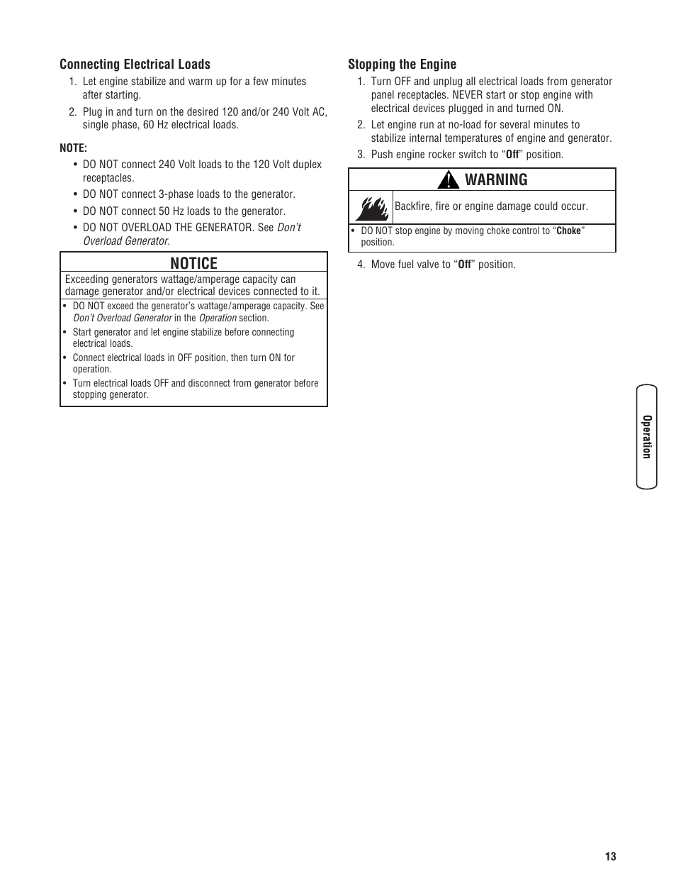 Raccordement de charges élec, Arrêt du moteur, Connecting electrical loads stopping the engine | Warning, Notice | Briggs & Stratton 5500 Watt User Manual | Page 13 / 76