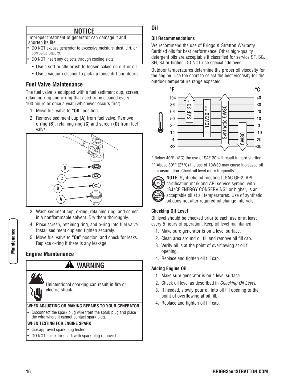 Entretien de la vanne de com, Entretien du moteur, Fuel valve maintenance engine maintenance | Warning, Notice | Briggs & Stratton 5500 Watt User Manual | Page 16 / 76