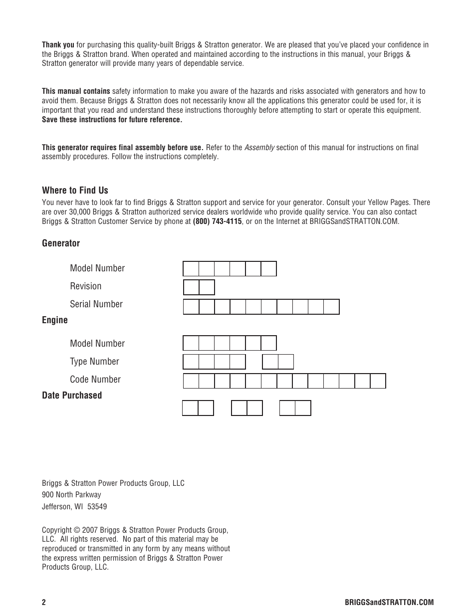 Briggs & Stratton 5500 Watt User Manual | Page 2 / 76
