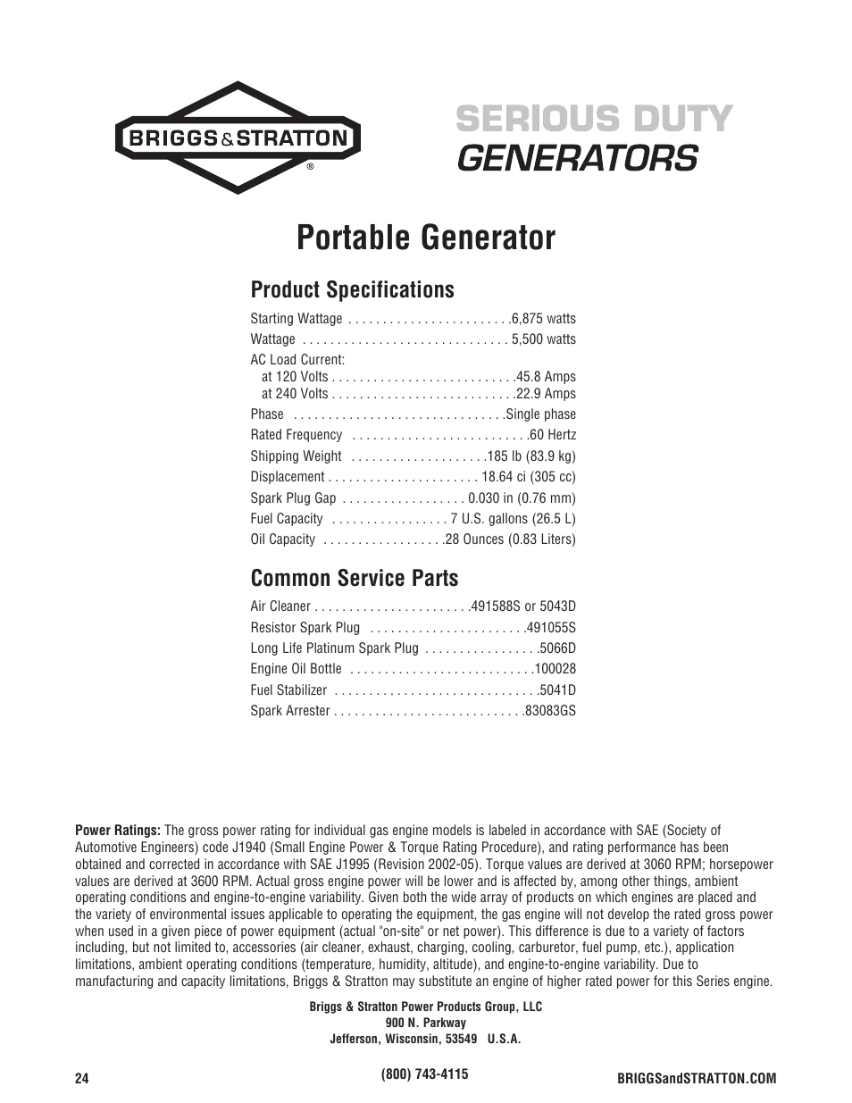 Common service parts, Portable generator, Product specifications | Briggs & Stratton 5500 Watt User Manual | Page 24 / 76