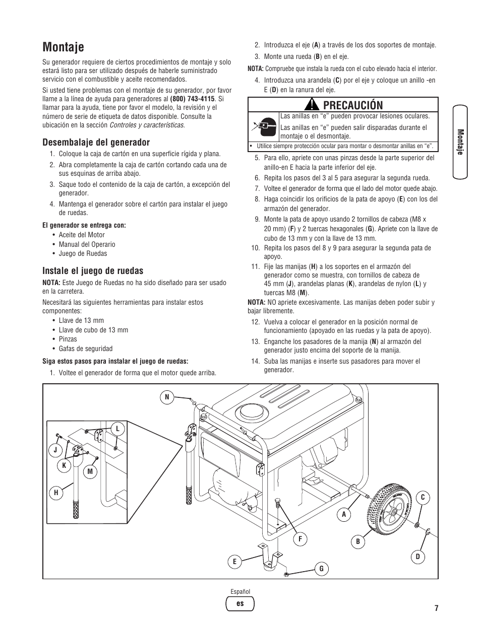 Montaje, Precaución, Desembalaje del generador | Instale el juego de ruedas | Briggs & Stratton 5500 Watt User Manual | Page 31 / 76