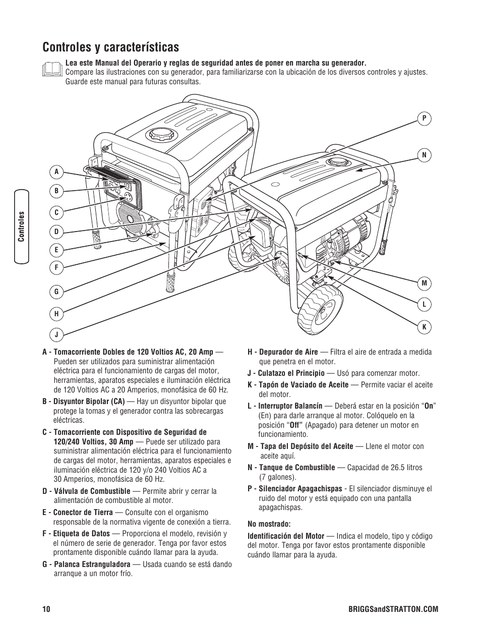 Controles y características | Briggs & Stratton 5500 Watt User Manual | Page 34 / 76