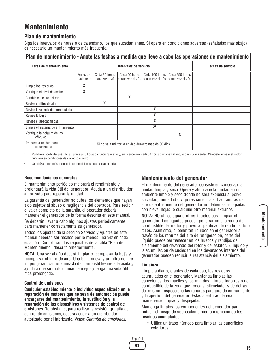 Mantenimiento, Mantenimiento del generador, Plan de mantenimiento | Briggs & Stratton 5500 Watt User Manual | Page 39 / 76