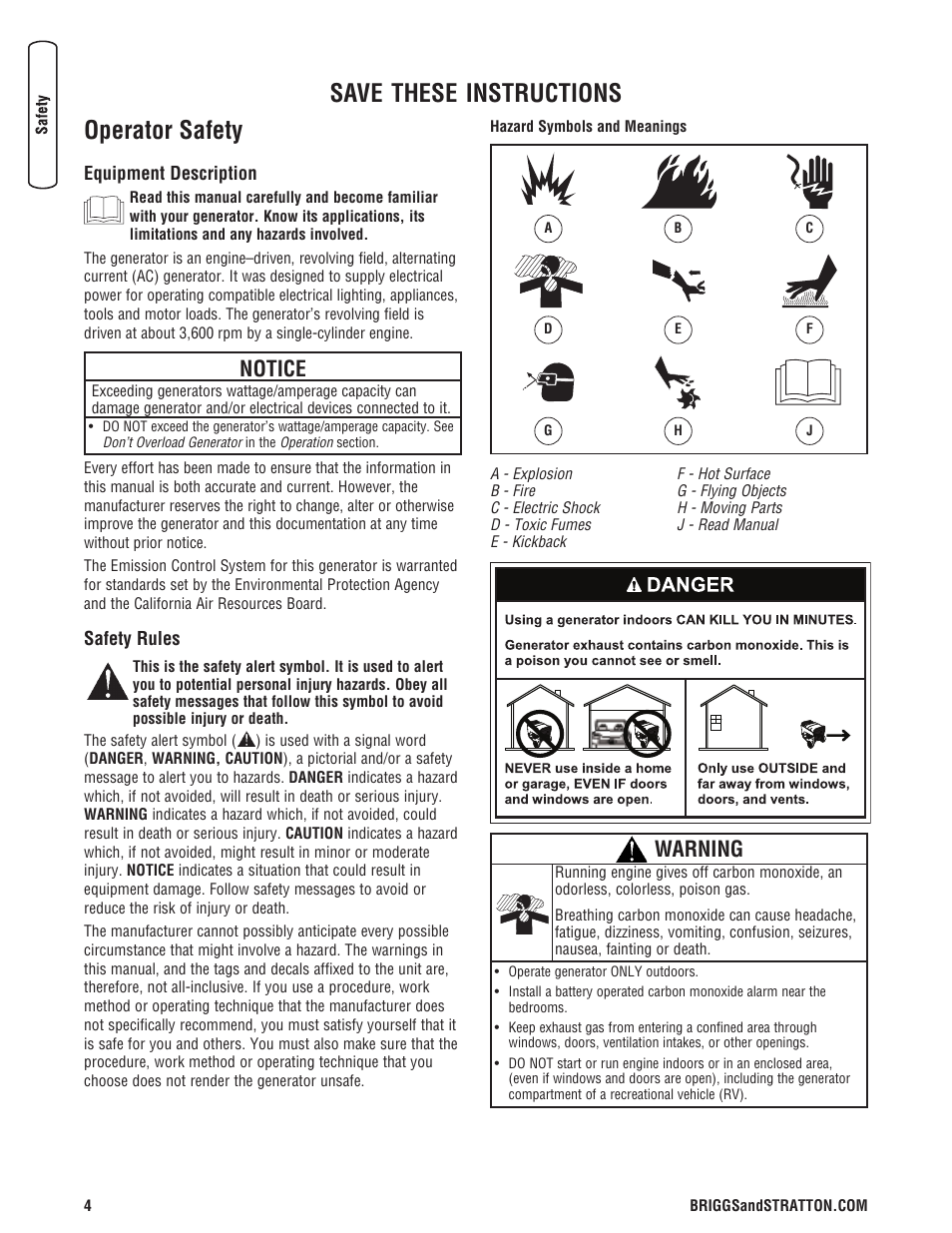 Sécurité de l’opérateur, Description de l équipement, Règles de sécurité | Operator safety, Equipment description safety rules, Save these instructions, Notice, Warning | Briggs & Stratton 5500 Watt User Manual | Page 4 / 76