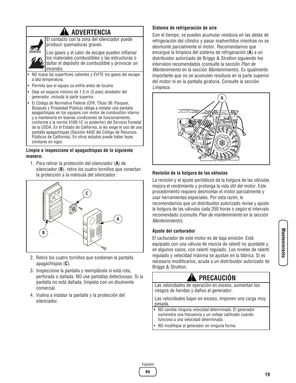 Advertencia, Precaución | Briggs & Stratton 5500 Watt User Manual | Page 43 / 76
