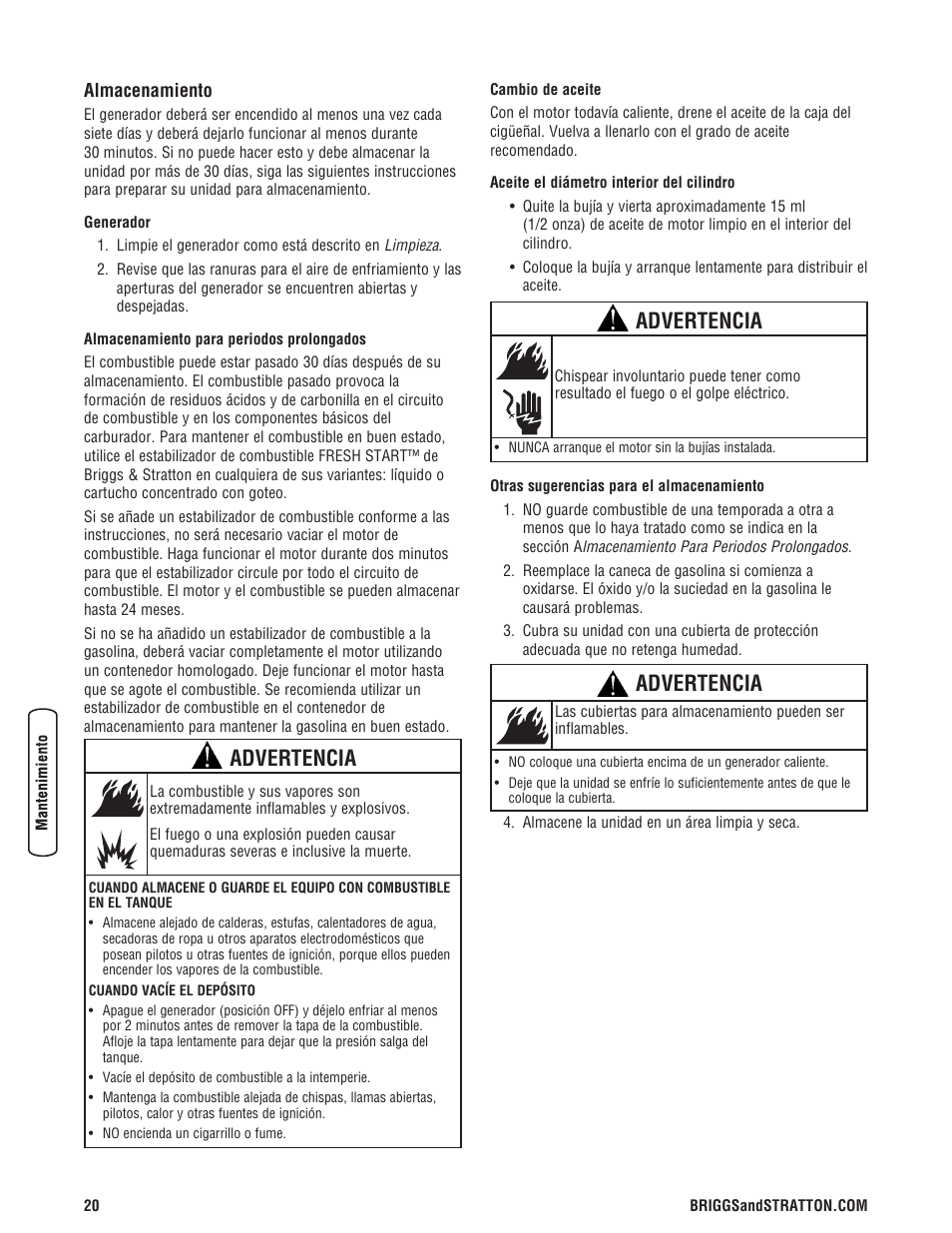 Advertencia | Briggs & Stratton 5500 Watt User Manual | Page 44 / 76