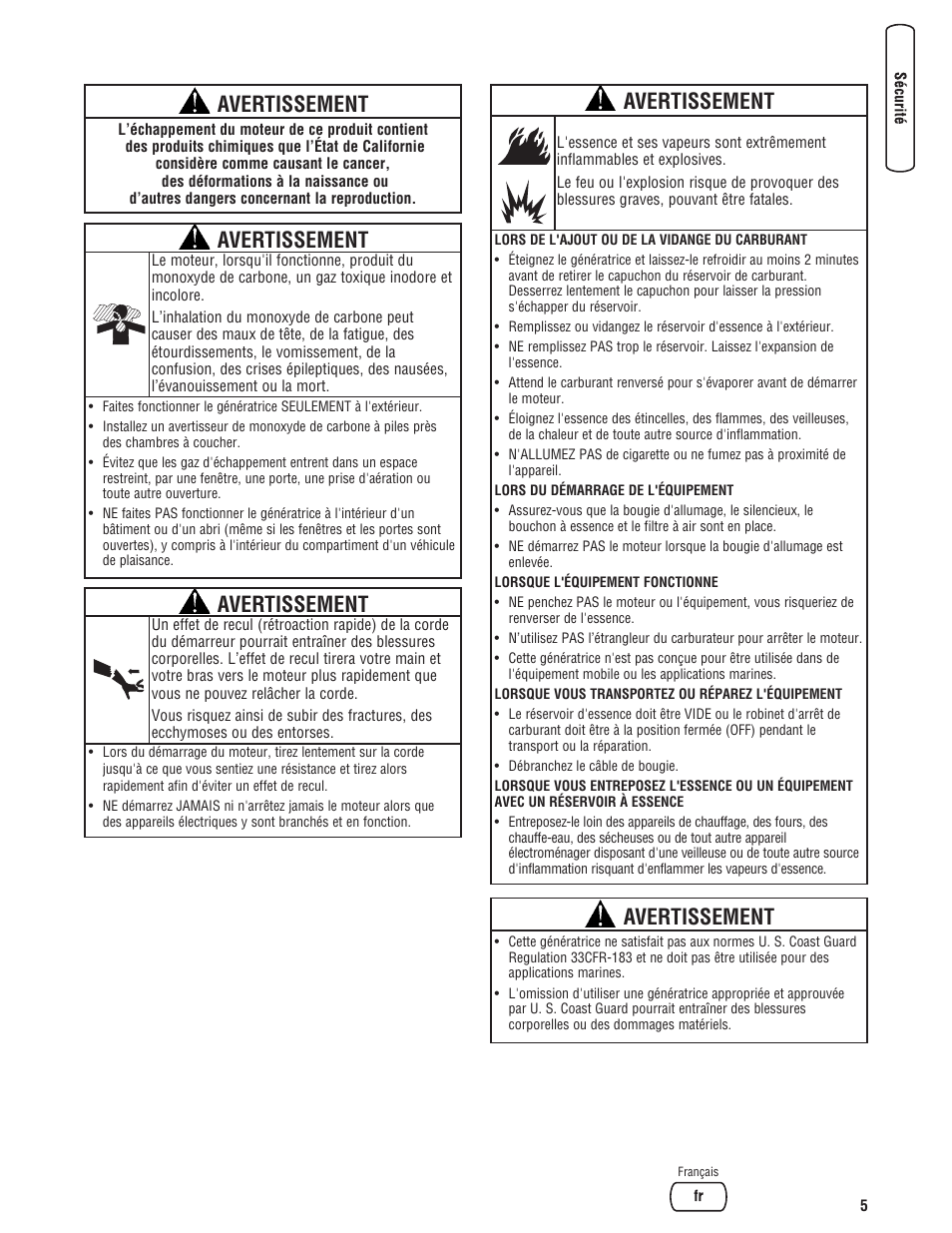 Avertissement | Briggs & Stratton 5500 Watt User Manual | Page 55 / 76