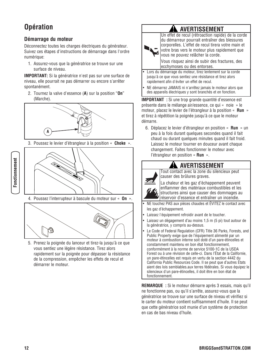 Opération, Avertissement | Briggs & Stratton 5500 Watt User Manual | Page 62 / 76