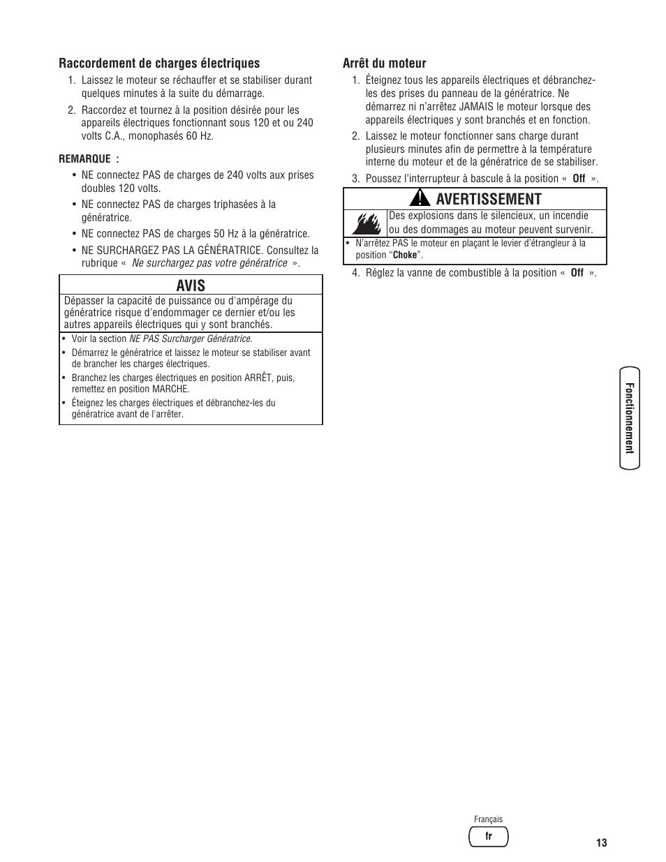 Avis, Avertissement | Briggs & Stratton 5500 Watt User Manual | Page 63 / 76