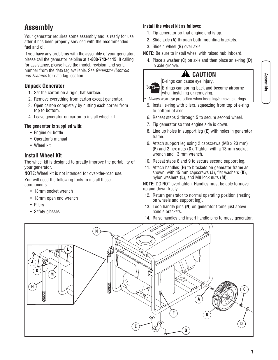 Assemblage, Déballez la génératrice, Installation de l’ensemble d | Assembly, Unpack generator install wheel kit, Caution | Briggs & Stratton 5500 Watt User Manual | Page 7 / 76