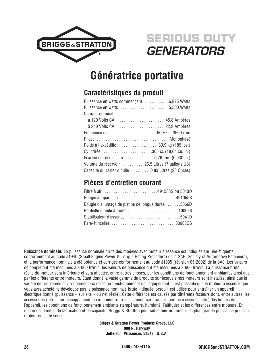Génératrice portative, Caractéristiques du produit, Pièces d’entretien courant | Briggs & Stratton 5500 Watt User Manual | Page 76 / 76