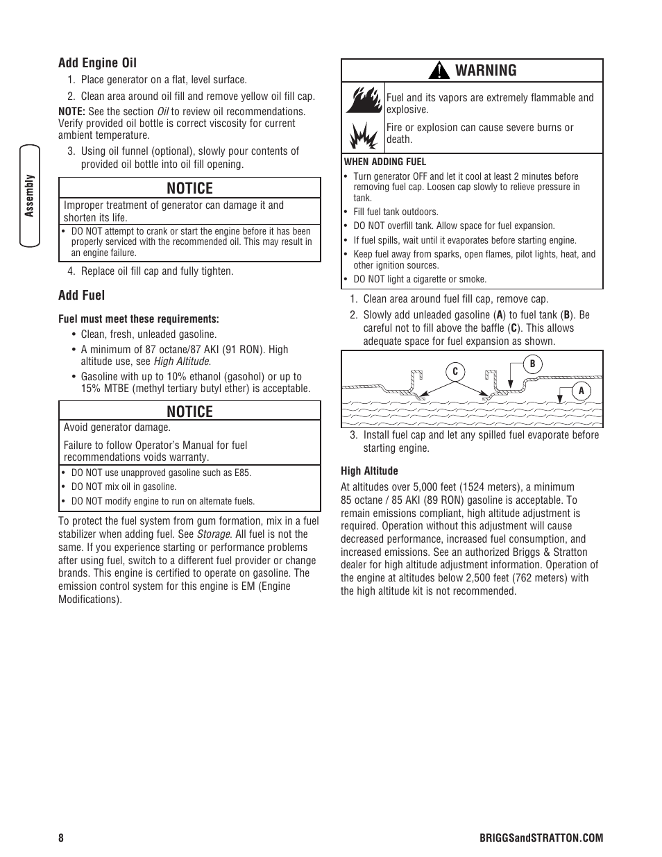 Ajoutez de l'huile à moteur, Ajoutez de l'essence, Add engine oil add fuel | Notice, Warning | Briggs & Stratton 5500 Watt User Manual | Page 8 / 76