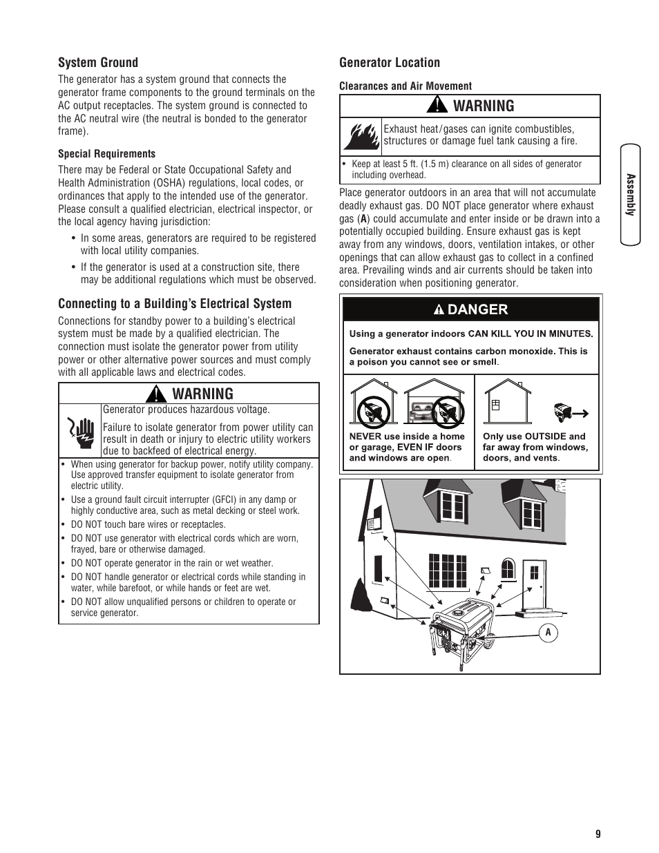 Mise à la terre du système, Branchement au système élect, Emplacement de la génératrice | Warning | Briggs & Stratton 5500 Watt User Manual | Page 9 / 76
