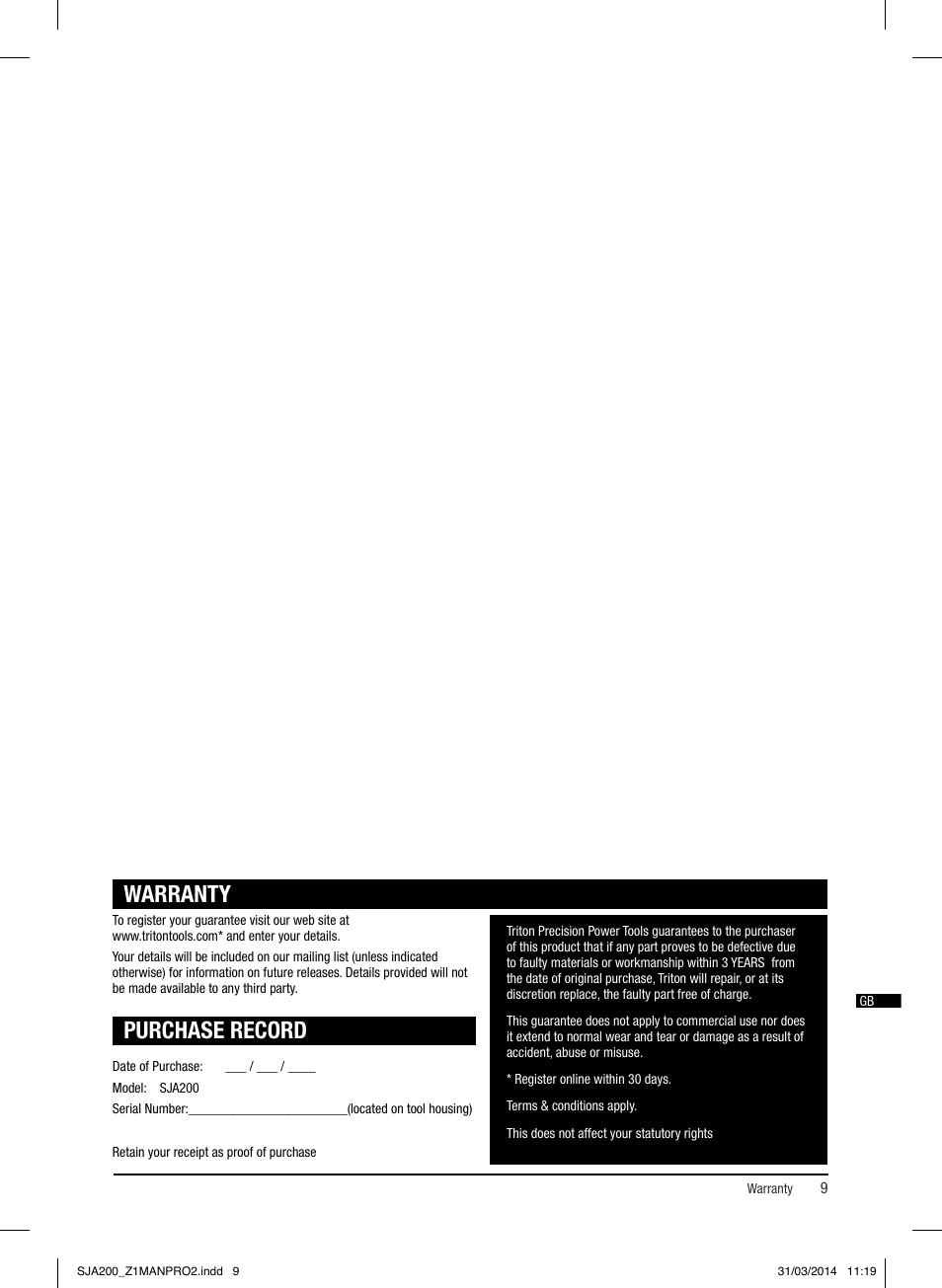 Warranty, Purchase record | Triton SJA 200 User Manual | Page 10 / 66