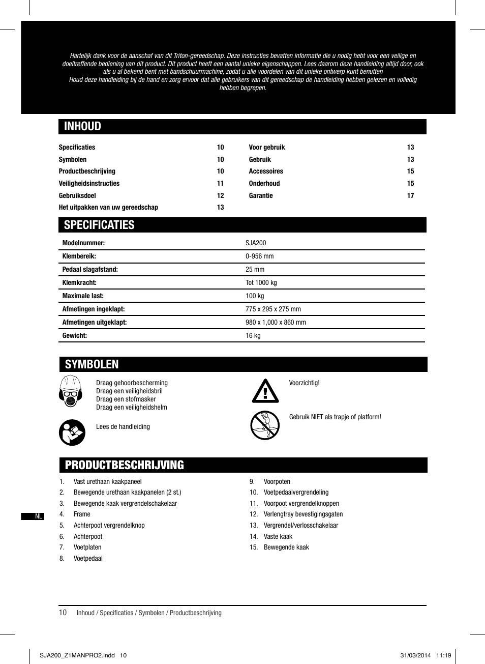 Specificaties inhoud, Symbolen, Productbeschrijving | Triton SJA 200 User Manual | Page 11 / 66