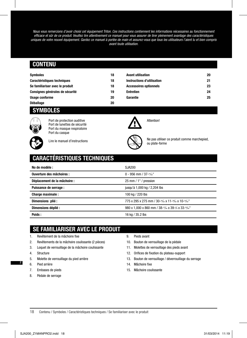 Caractéristiques techniques contenu, Se familiariser avec le produit, Symboles | Triton SJA 200 User Manual | Page 19 / 66