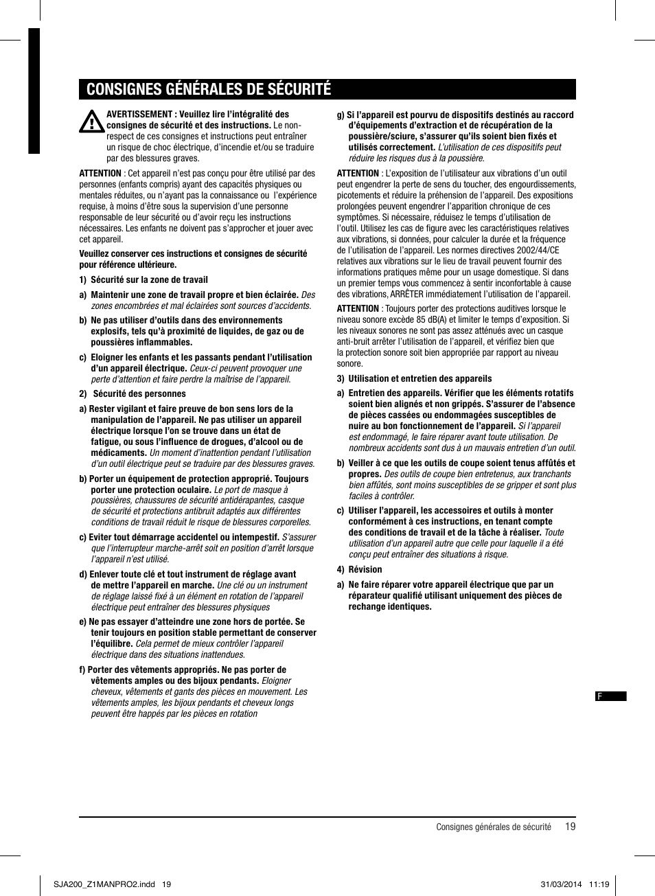 Consignes générales de sécurité | Triton SJA 200 User Manual | Page 20 / 66