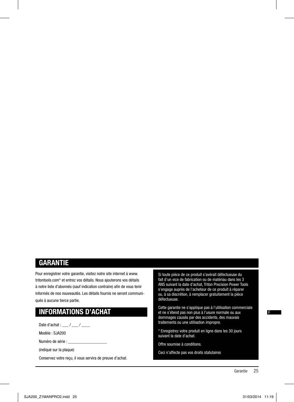 Informations d’achat, Garantie | Triton SJA 200 User Manual | Page 26 / 66