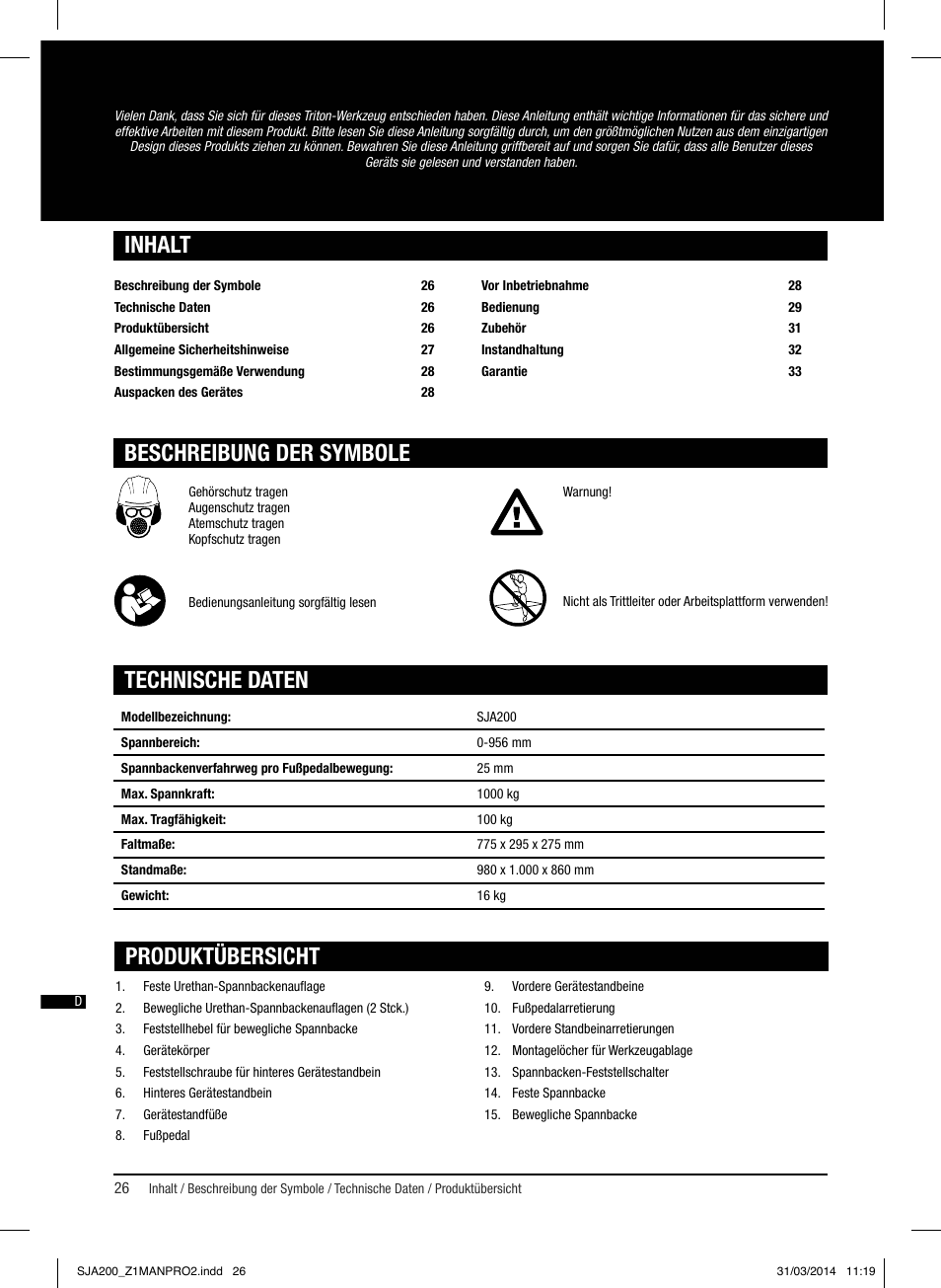 Technische daten inhalt, Beschreibung der symbole, Produktübersicht | Triton SJA 200 User Manual | Page 27 / 66