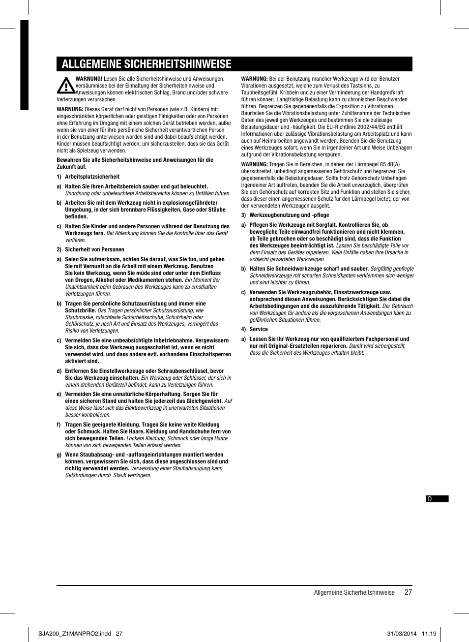 Allgemeine sicherheitshinweise | Triton SJA 200 User Manual | Page 28 / 66