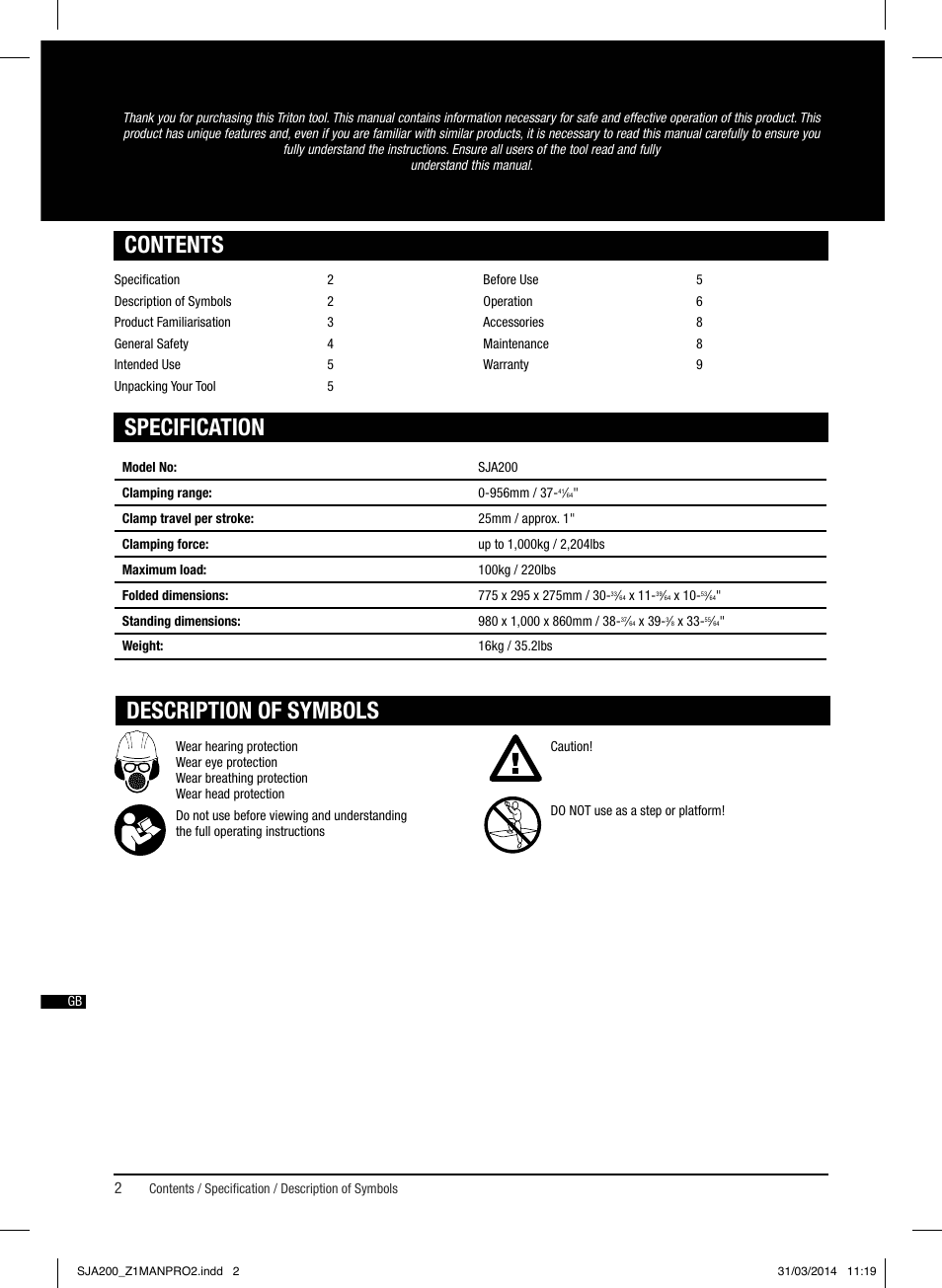 Specification contents, Description of symbols | Triton SJA 200 User Manual | Page 3 / 66