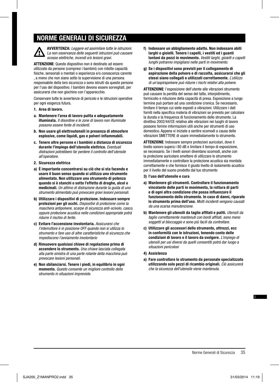 Norme generali di sicurezza | Triton SJA 200 User Manual | Page 36 / 66