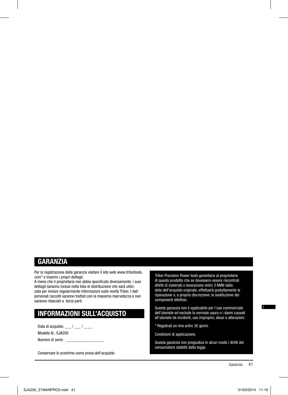 Informazioni sull’acquisto, Garanzia | Triton SJA 200 User Manual | Page 42 / 66