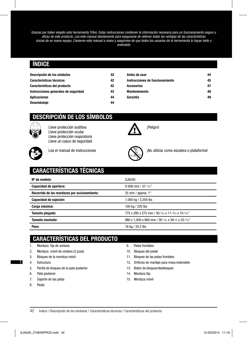 Características técnicas índice, Características del producto, Descripción de los símbolos | Triton SJA 200 User Manual | Page 43 / 66