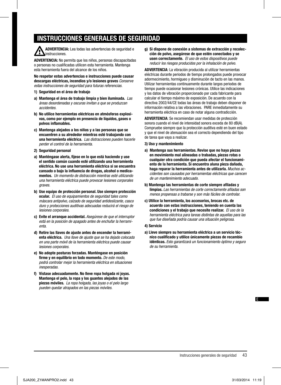 Instrucciones generales de seguridad | Triton SJA 200 User Manual | Page 44 / 66