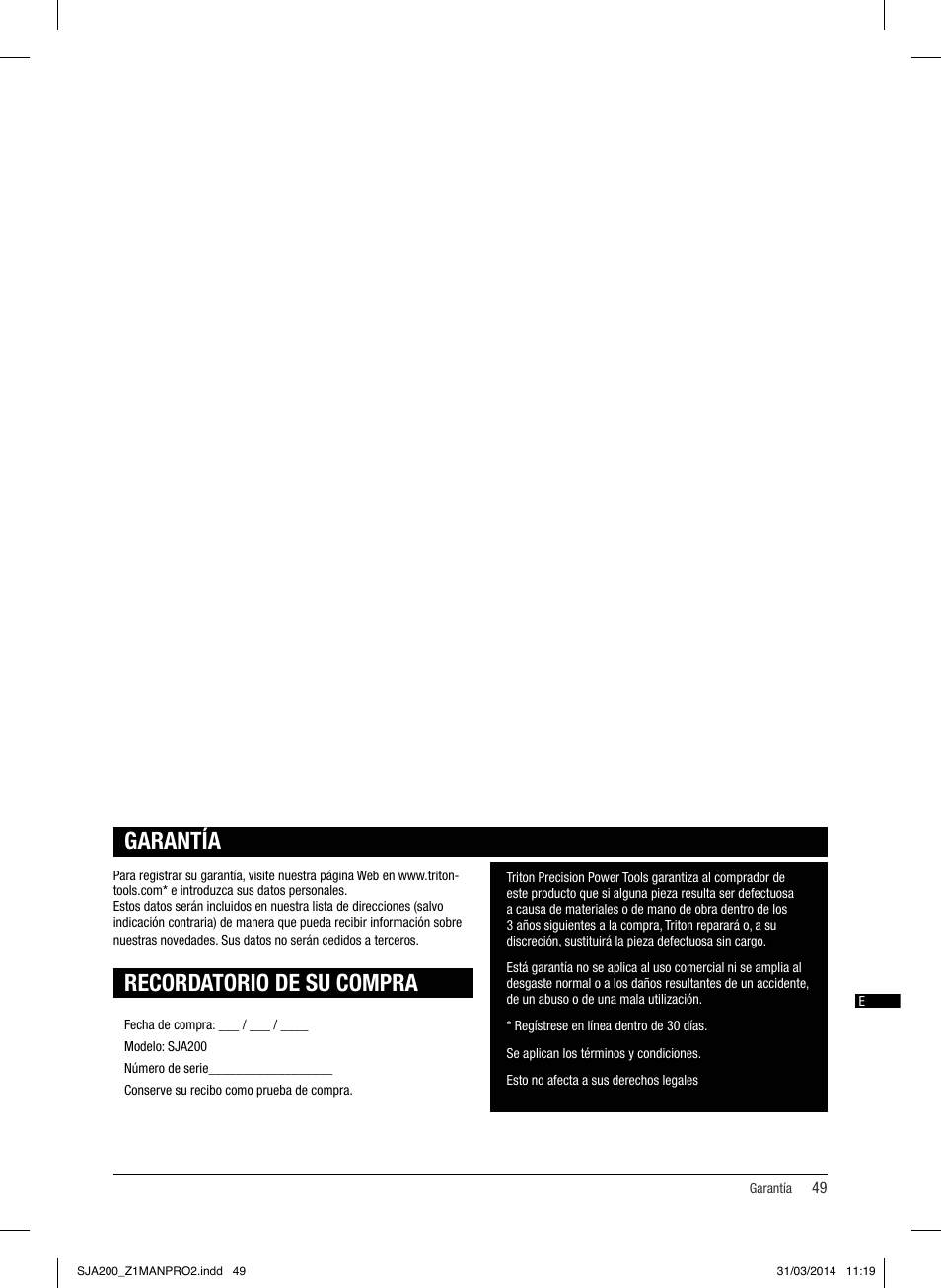 Recordatorio de su compra, Garantía | Triton SJA 200 User Manual | Page 50 / 66