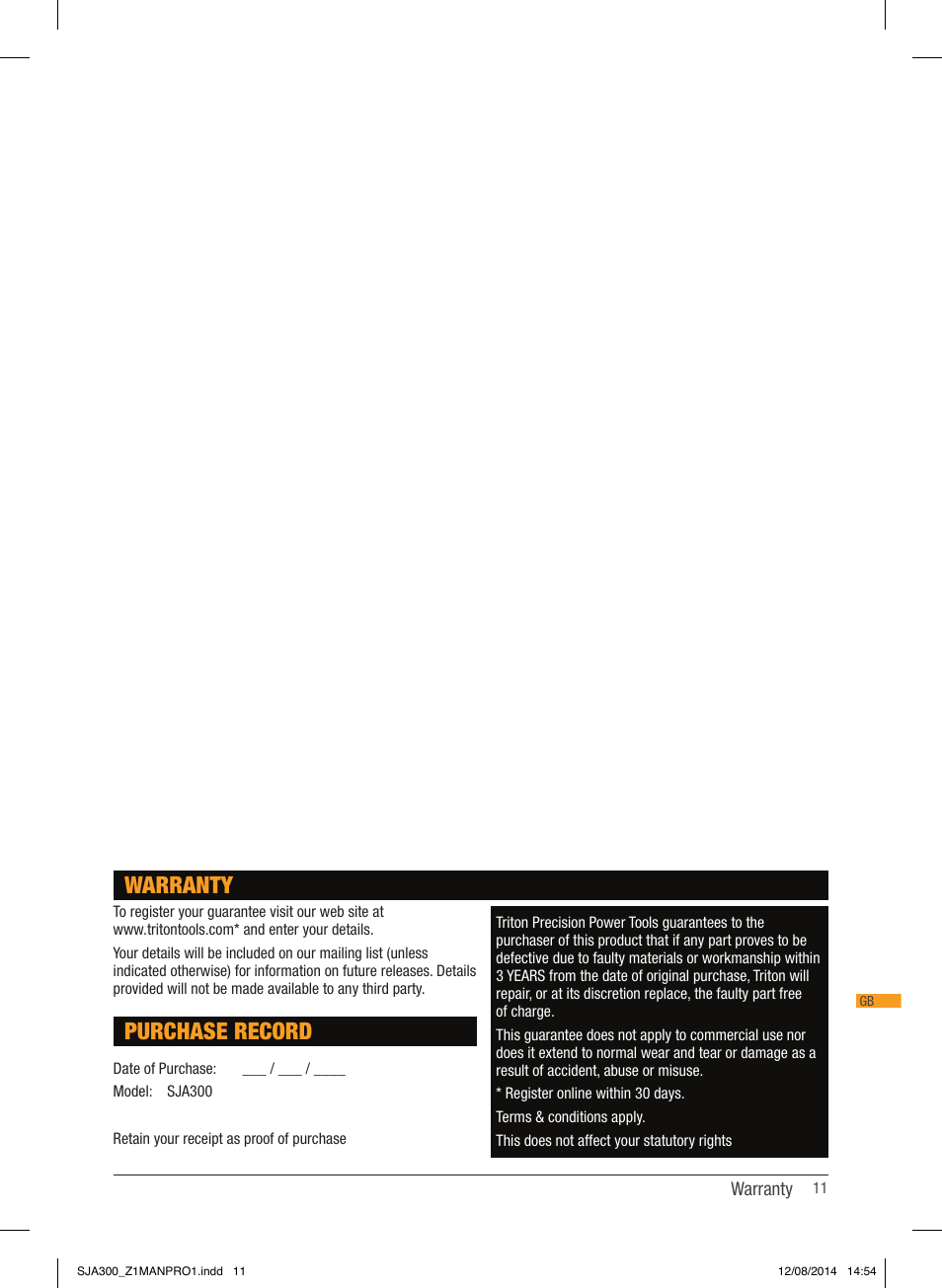 Warranty, Purchase record | Triton SJA 300 User Manual | Page 12 / 62