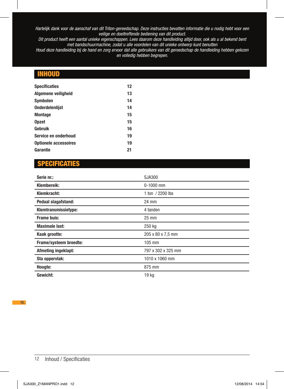 Specificaties inhoud | Triton SJA 300 User Manual | Page 13 / 62