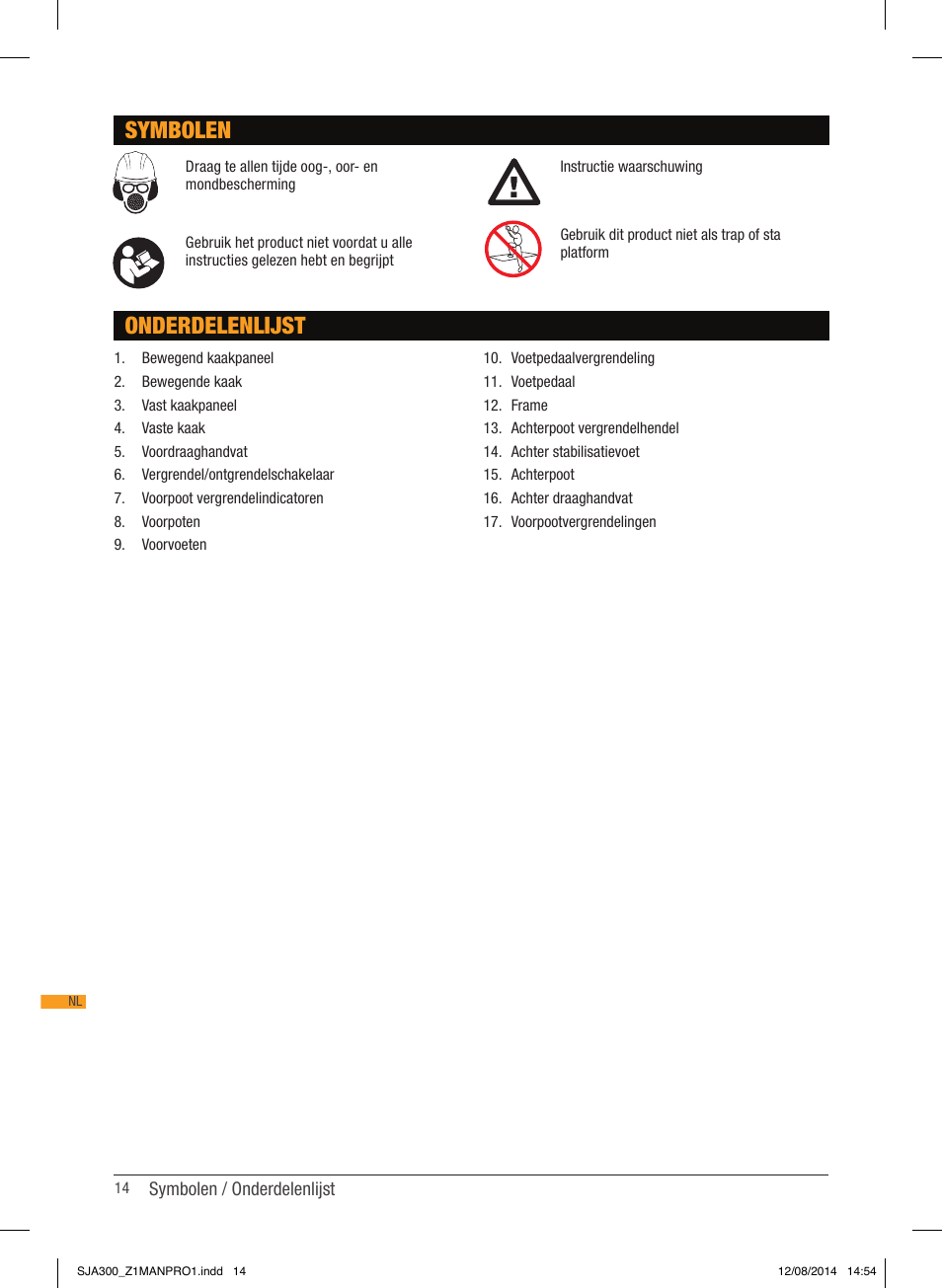 Symbolen, Onderdelenlijst | Triton SJA 300 User Manual | Page 15 / 62