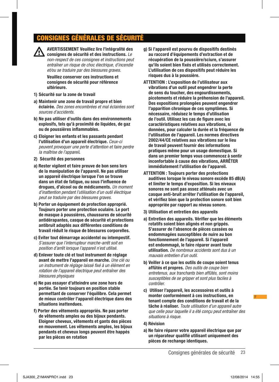 Consignes générales de sécurité | Triton SJA 300 User Manual | Page 24 / 62