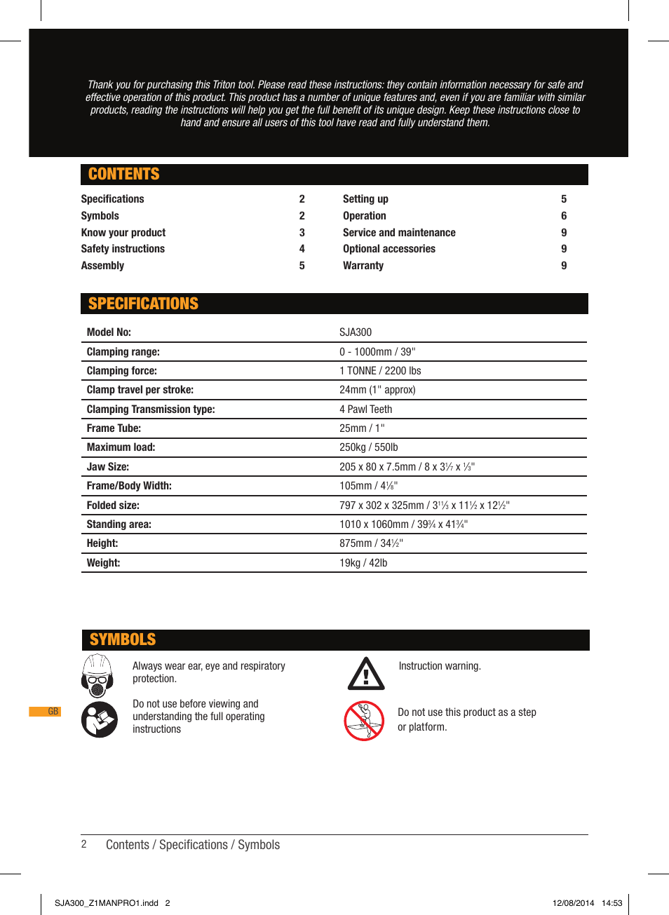 Specifications contents, Symbols, Contents / specifications / symbols | Triton SJA 300 User Manual | Page 3 / 62