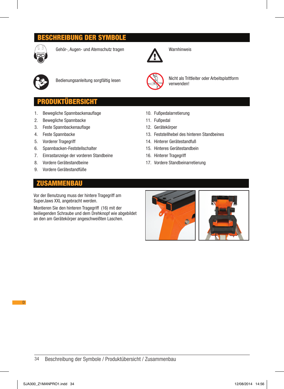 Beschreibung der symbole, Produktübersicht, Zusammenbau | Triton SJA 300 User Manual | Page 35 / 62