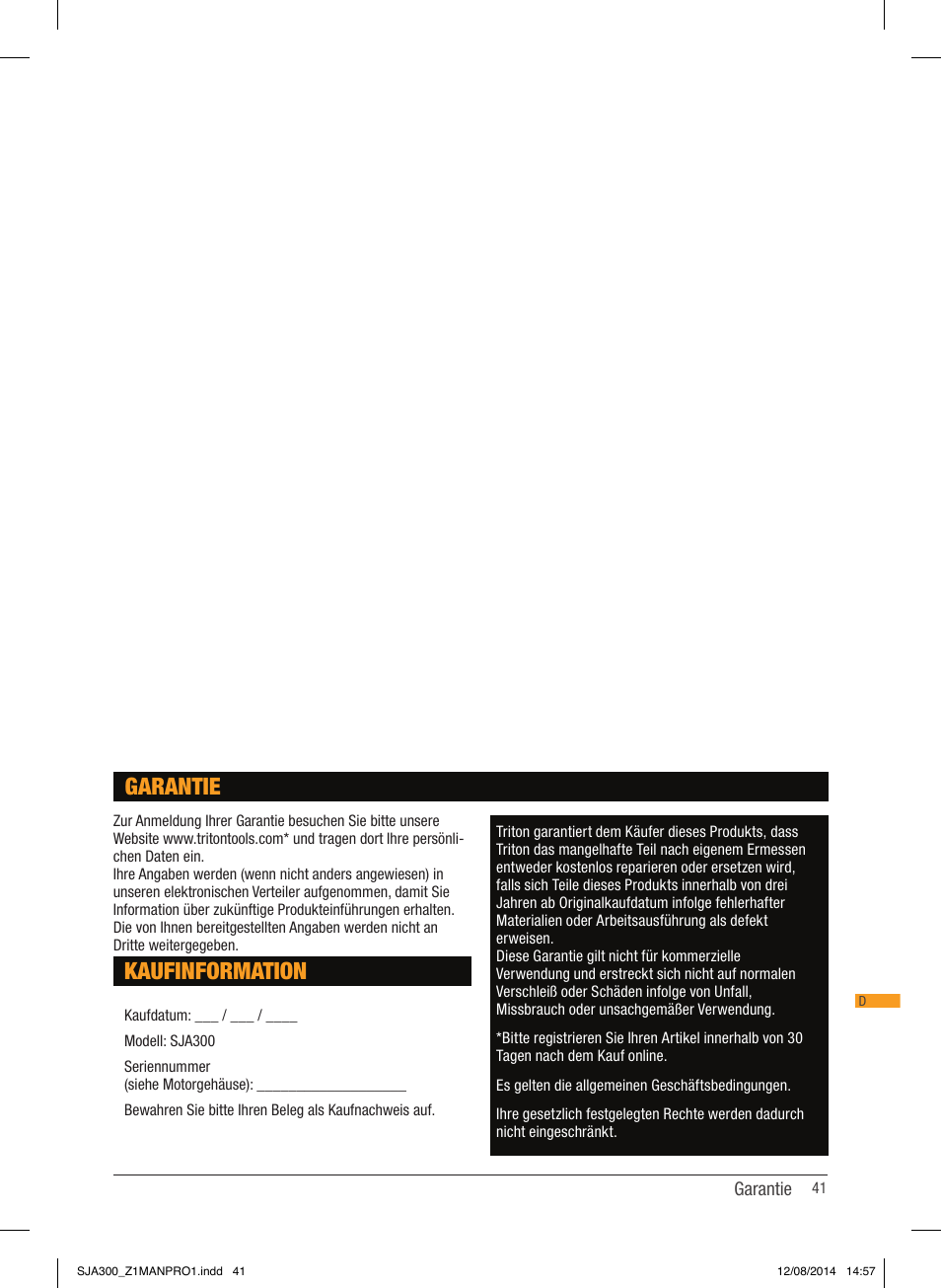 Kaufinformation, Garantie | Triton SJA 300 User Manual | Page 42 / 62