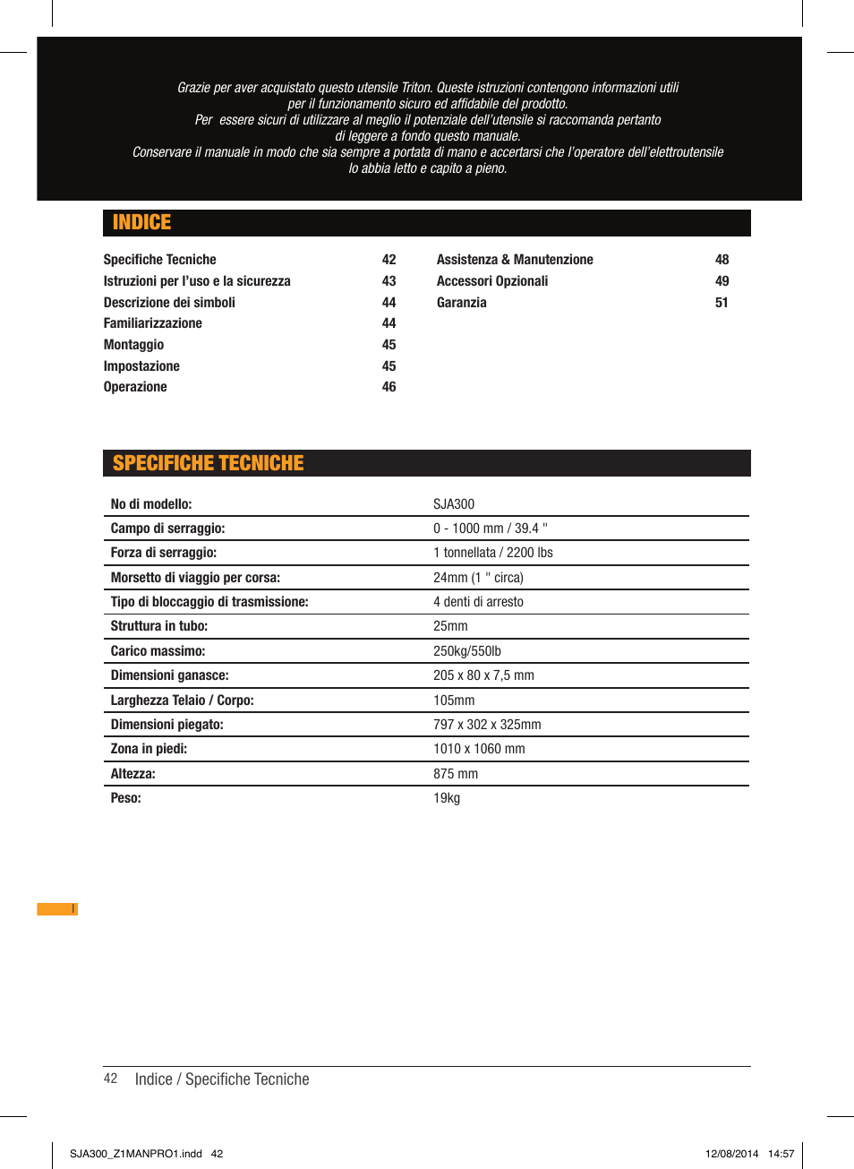 Specifiche tecniche indice | Triton SJA 300 User Manual | Page 43 / 62