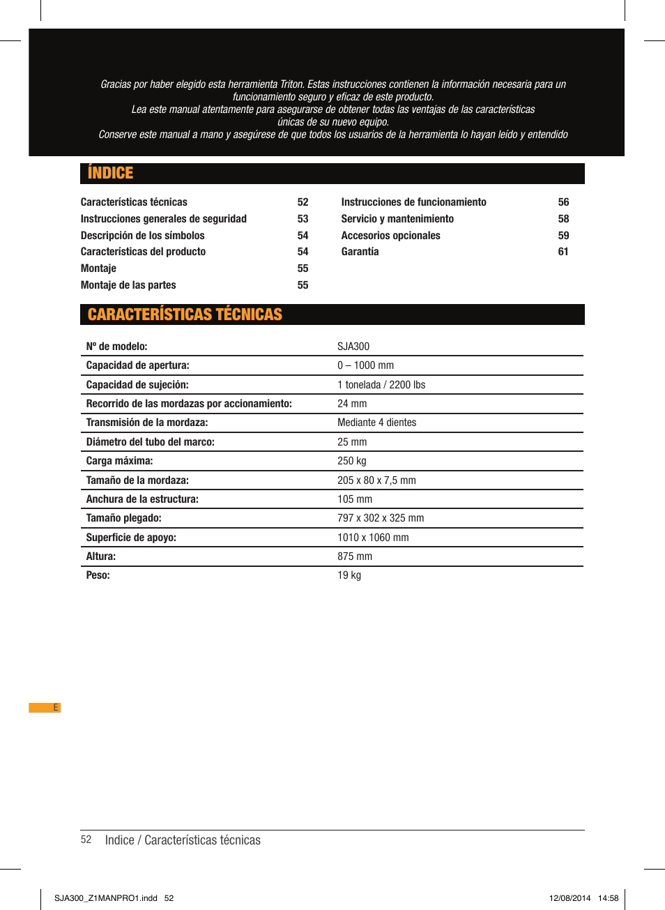 Características técnicas índice | Triton SJA 300 User Manual | Page 53 / 62