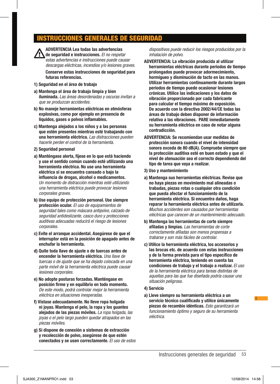 Instrucciones generales de seguridad | Triton SJA 300 User Manual | Page 54 / 62