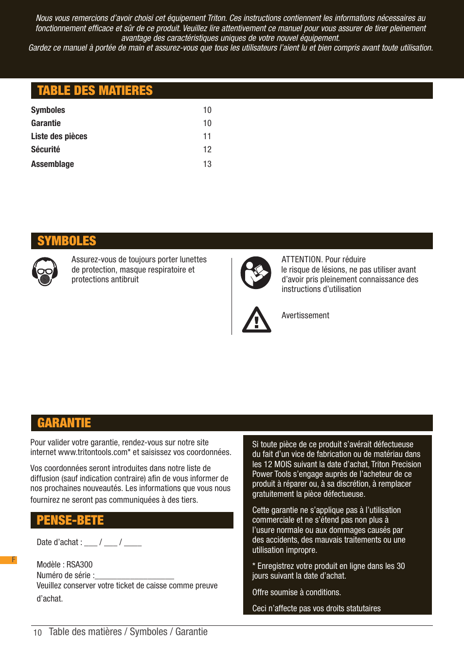 Table des matieres, Symboles, Pense-bete | Garantie | Triton RSA 300 User Manual | Page 10 / 25