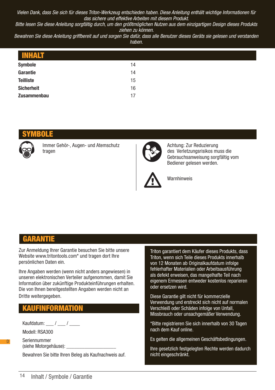 Inhalt, Symbole, Kaufinformation | Garantie | Triton RSA 300 User Manual | Page 14 / 25
